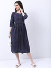 Vishudh Navy Blue Striped Cotton Fit & Flare Midi Dress