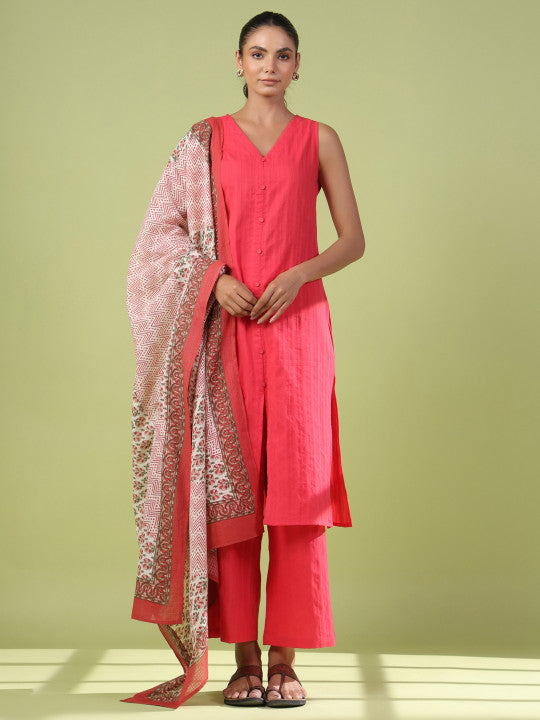 Women Pink Self-Striped Kurta with Trousers & Dupatta