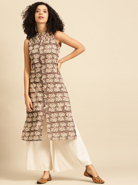 anayna Women Taupe & Off White Floral Print Cotton Kurta