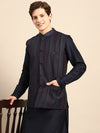 Anouk Men Navy Blue Solid Straight Sustainable Kurta Pyjamas & Woven Nehru Jacket