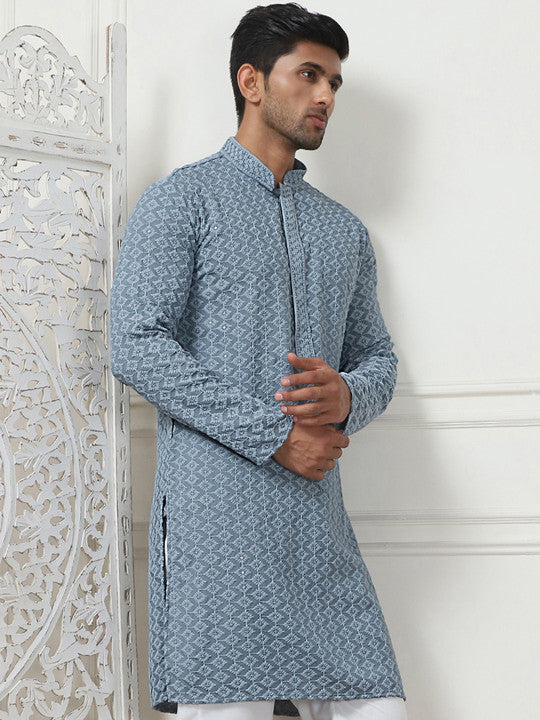 Anouk Grey Ethnic Motifs Embroidered Sequined Kurta