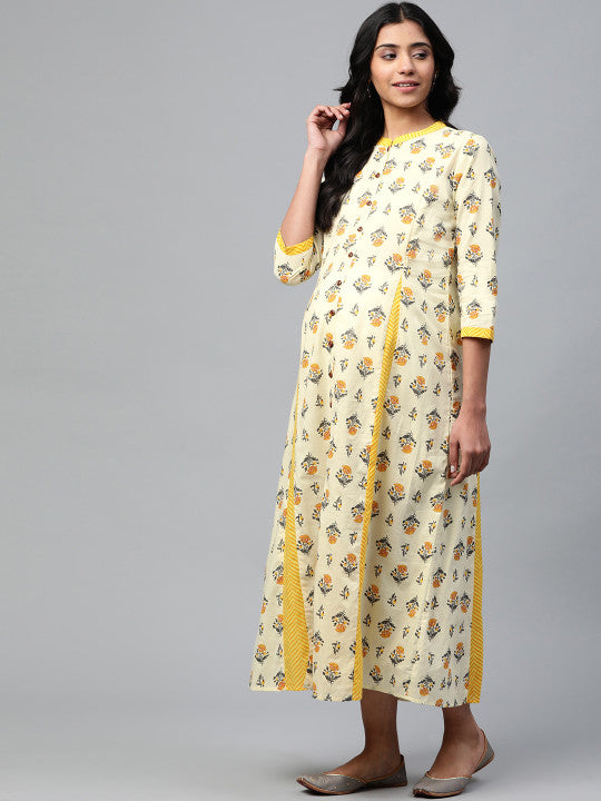 anayna Women Yellow Block Print Pure Cotton Maxi Nursing Dress