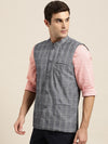 Sojanya Men Navy Blue & White Checked Nehru Jacket - L