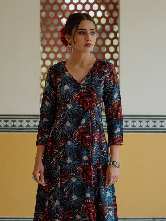 anayna Women Black & Red Pure Cotton Ethnic Motifs Printed Angrakha Kurta