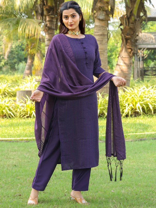 Purple Embroidered Regular Straight Kurta with Trousers & Dupatta