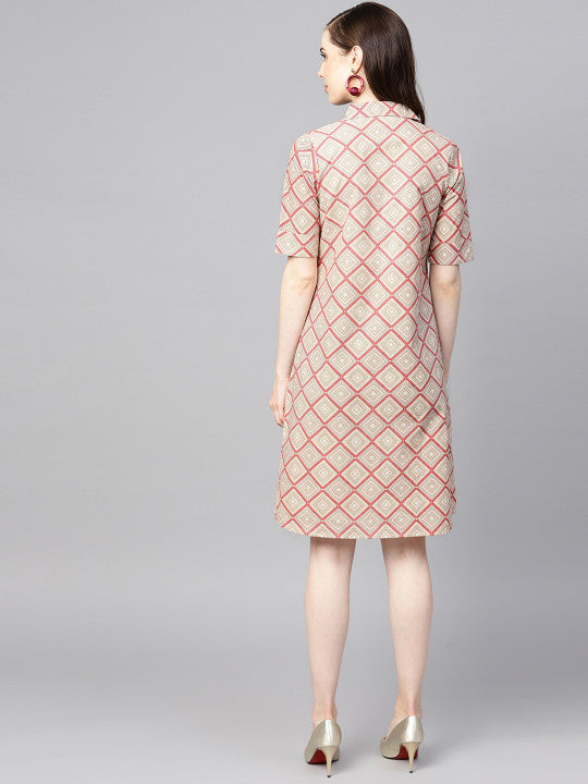 Women Beige & Pink Printed Shirt Dress