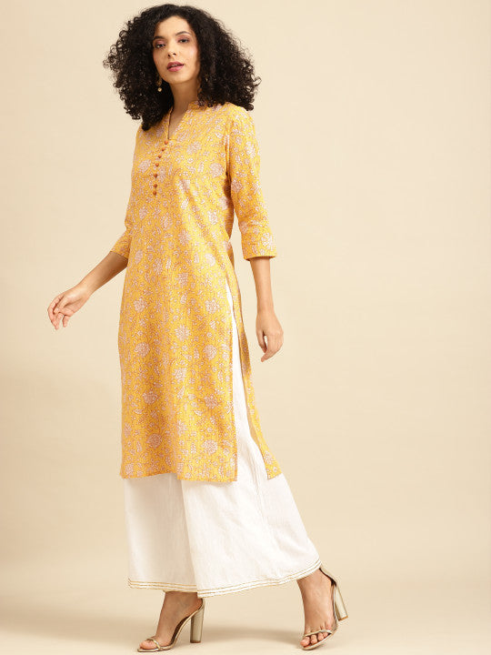 Women Yellow & White Ethnic Motifs Printed Kurta