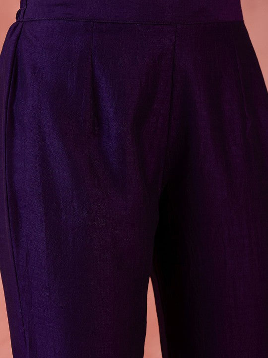 Sangria Floral Embroidered V-Neck A-Line Kurta With Trousers & Dupatta