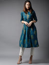 Here&now Women Teal & Green Printed A-Line Kurta