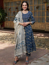 Sangria Blue Printed Gotta Patti Pure Cotton Empire A-Line Kurta with Trousers & Dupatta