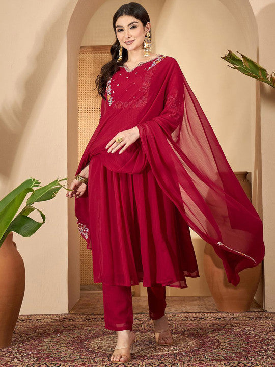 Sangria Women Floral Embroidered A-Line Kurta with Trousers & Dupatta