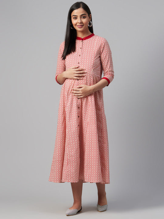 anayna Women White & Red Printed Maternity A-Line Dress