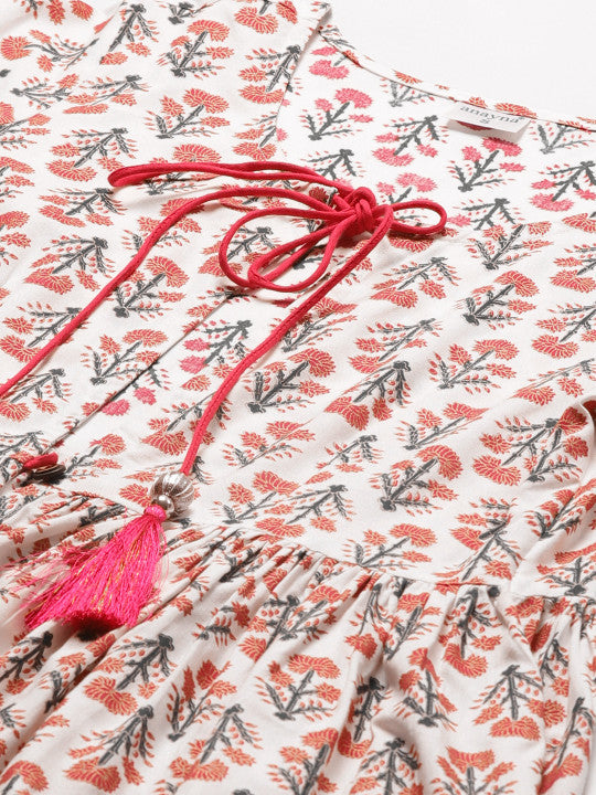 Women White & Pink Pure Cotton Printed Maternity Layered A-Line Dress