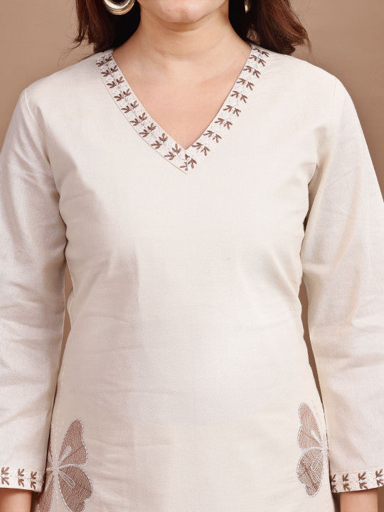 Tikhi Imli Embroidered V-Neck Three-Quarter Sleeves Linen Tunic With Trouser