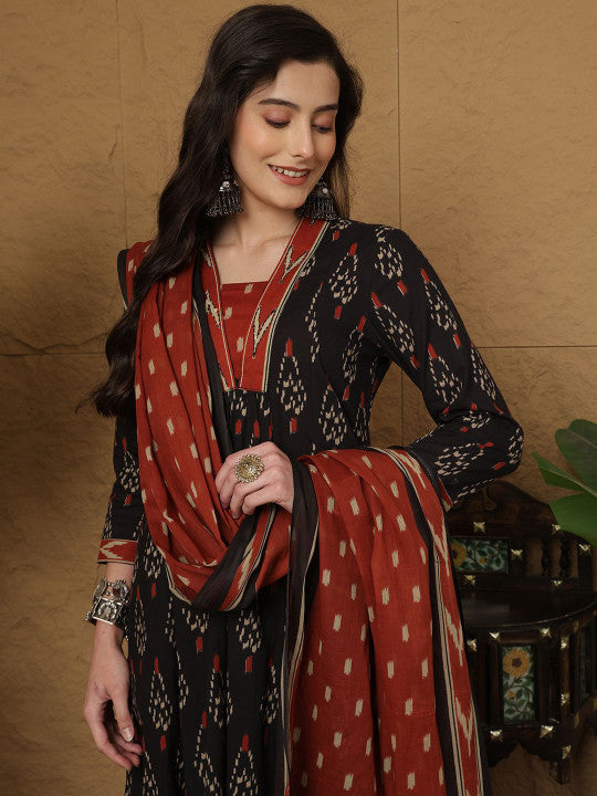 Sangria Women Ethnic Motifs Printed Cotton Anarkali Kurta with Trousers & Dupatta