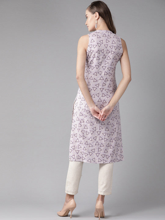 anayna Women Lavender Geometric Screen Printed Straight Kurta