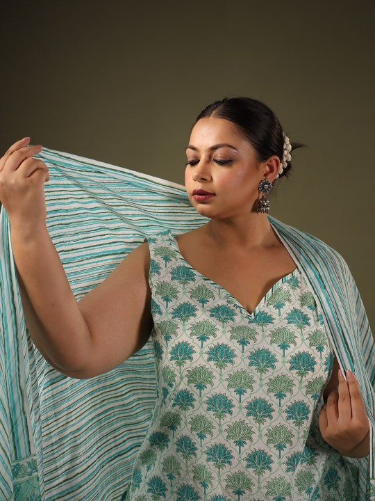 anayna Floral Printed Regular Pure Cotton Sweetheart Neck Kurta With Trousers & Dupatta