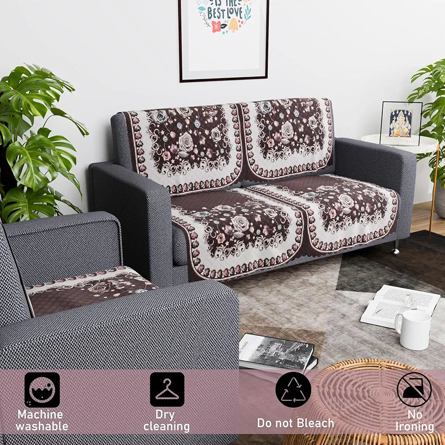 Kuber Industries Set of 6 Durable 2+1 Seater Sofa Covers for Living Room | Easy Machine Washable SOFE ke Cover for Protection & Comfort for Home Furniture | Gulab - White Brown
