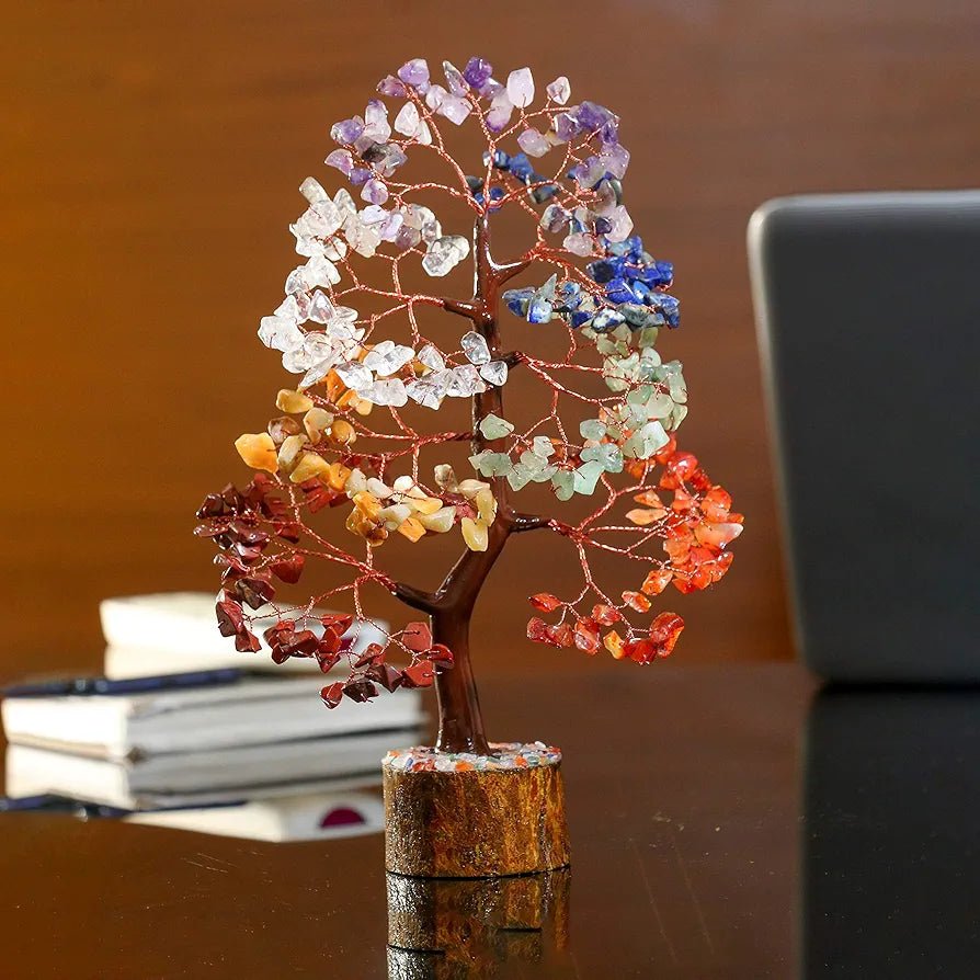 HindCraft Seven Chakra Crystal Tree Good Luck Showpiece for Home Decor Items Crystals Gemstones Bonsai Money Tree for Good Luck, Decoration Gift Item, Copper Wire, 10-12 inch