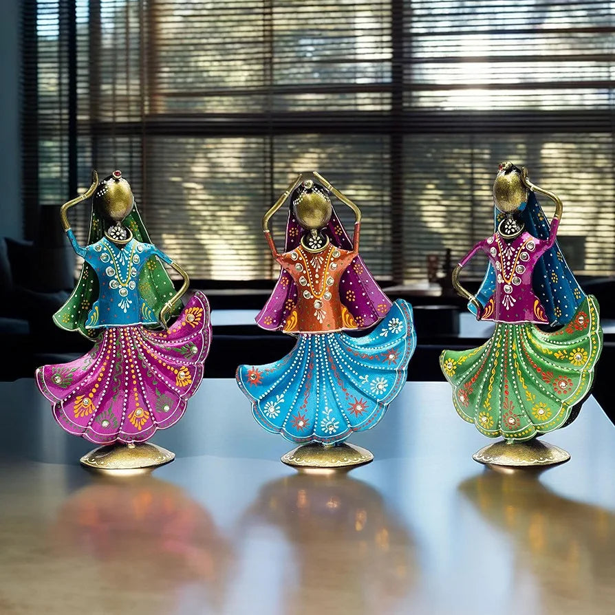 KRAFTSKALA Set of 3 Metal Figurine Dancers Home Decor Item for Living Room, Bedroom, Wedding Festive Housewarming Gift Showpiece Rajasthani Dancing Dolls
