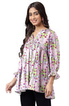 Janasya Women's Lavender Satin Digital Floral Printed Flared Top