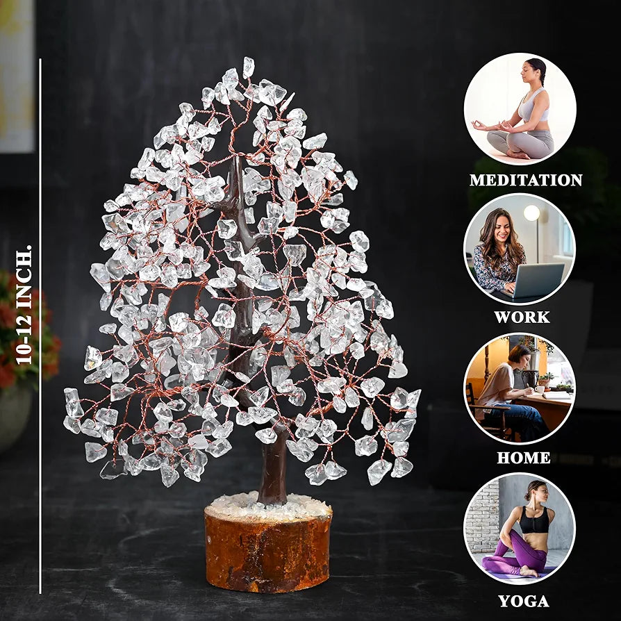 HindCraft Clear Quartz Crystal Tree Good Luck Showpiece for Home Decor Items Crystals Gemstones Bonsai Money Tree for Good Luck, Decoration Gift Item, Copper Wire, 10-12 inch