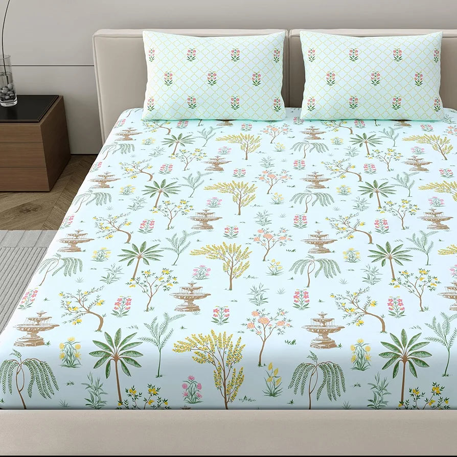 Dreamscape 100% Cotton King Fitted Floral Bedsheet With 2 Pillow Covers - 