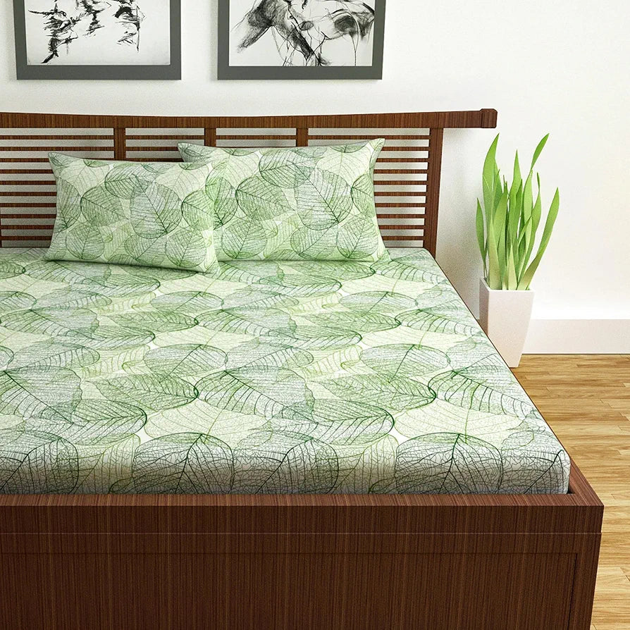 Divine Casa 144 TC Cotton Bedsheet for Double Bed | 100% Cotton – Sage Green Floral Print | Soft & Breathable | Size 222 x 254 cm | with 2 Pillow Covers | Everyday Use