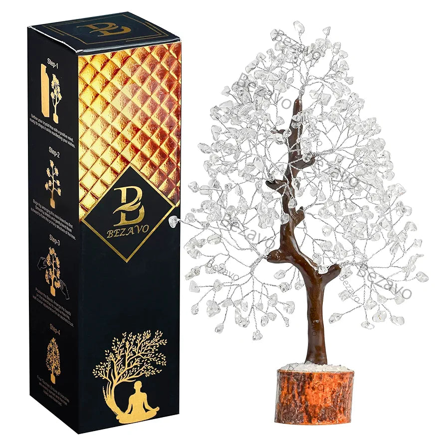 BEZAVO Clear Quartz Crystal Tree – Artificial Tree for Home & Office Decoration | Feng Shui Tree for Prosperity & Positive Energy | Ideal Gift for Men & Women – Weddings, Birthdays & Anniversaries
