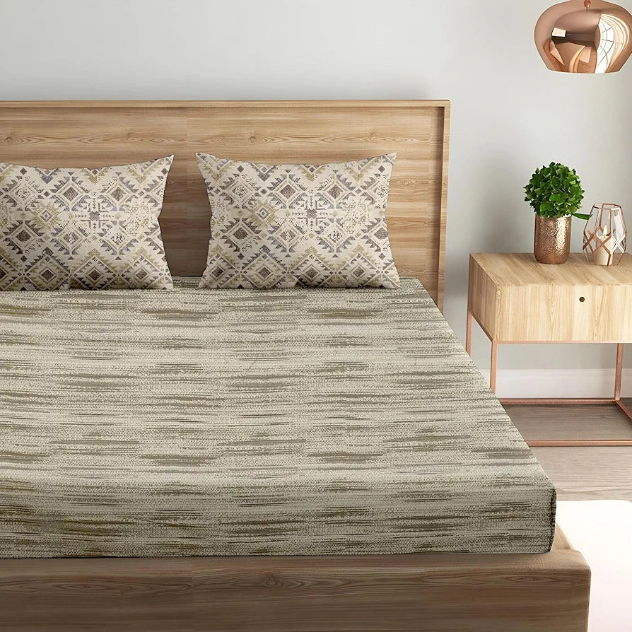 Trance Home Linen 100% Cotton 180 TC Bedsheet | Queen Size Printed Fitted Bedspread with 2 Pillow Covers 