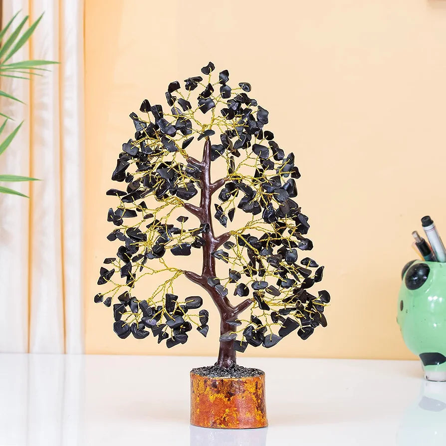 Hindcraft Black Tourmaline Crystal Tree Good Luck Showpiece for Home Decor Items Crystals Gemstones Bonsai Money Tree for Good Luck, Decoration Gift Item, Golden Wire, 10-12 inch