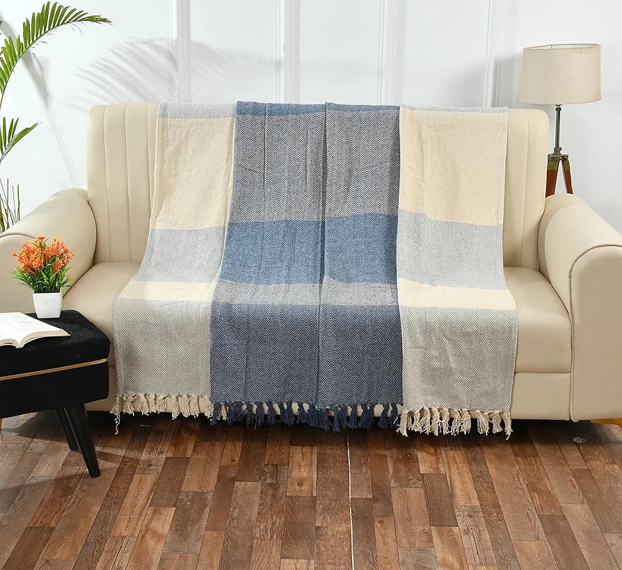 SASHAA WORLD Blue and White Cotton Throw | Ideal for Your Home, Living Room, Sofa, Bed, Chair, Picnic & Used for Gift | 60X80 inches| TC - 125