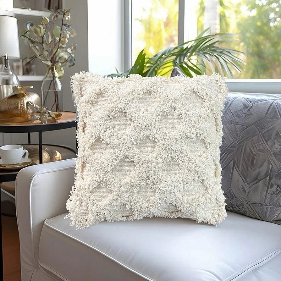 SAJAVAT HOME Hand-Knitted Pure Cotton 3 Seater Sofa Throw & Cushion Cover | Beige Throw & Cream Cushion for Living Room, Bedroom, Sofa & Chair | 82x52 Inches / 208x132 Cm | Pack of 1