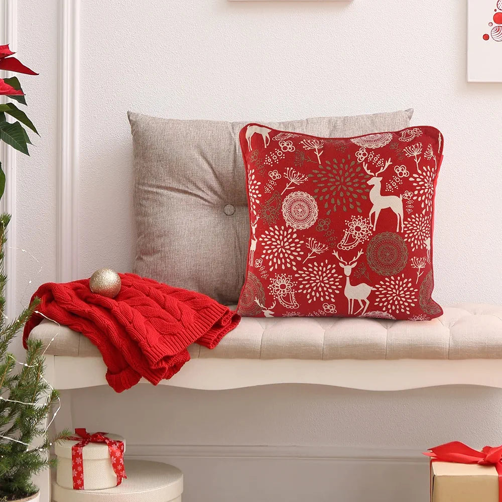 SASHAA WORLD Reindeer Print Cushion Cover | Pillow Cover for Living Room, Sofa, Chair & Christmas | Red Pillow Cover | 150 g, 45X45 cm