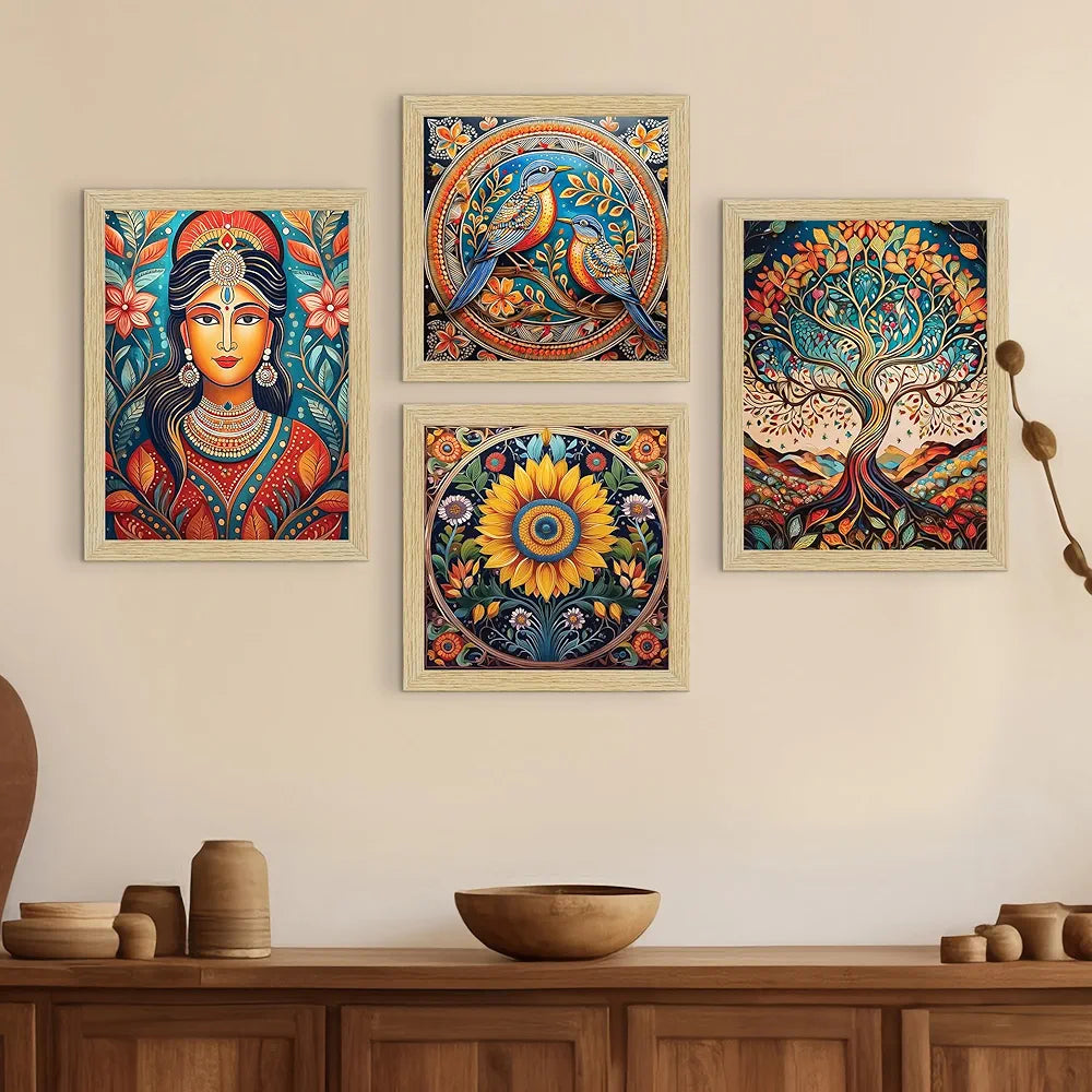 ArtX Paper Madhubani Art Paintings with Frame for Home Decor, Wall Painting for Living Room, Multicolor, Set of 4
