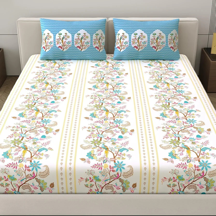 Dreamscape 100% Cotton King Fitted Bedsheet with 2 Pillow Covers - 