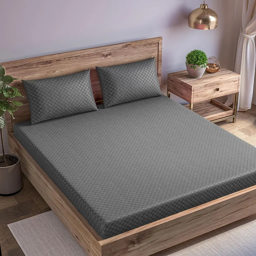 Trance Home Linen Skin Friendly 100% Cotton Jacquard Weave Fitted Bedsheet for Queen Size Bed with 2 Pillow Cover - Premium 300TC 