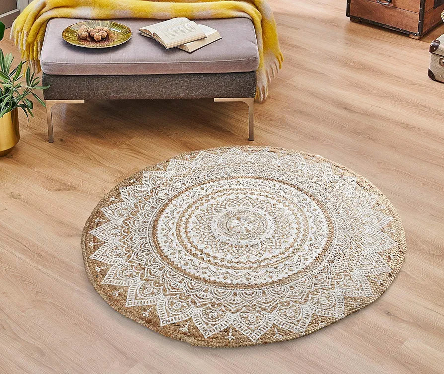 SASHAA WORLD Handwoven Jute Natural Reversible Rugs Round Braided Floor Carpet Mat for Living Room, Bedroom, Dining, Office, Restaurant 
