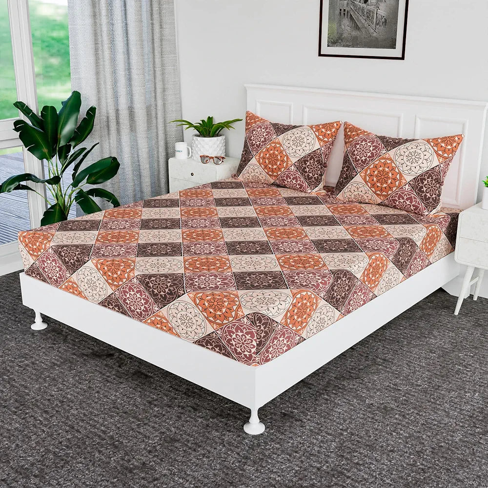 Kuber Industries Cotton Fitted Bedsheets For Double Bed With 2 Pillow Covers Included - 72x78 Inch Size & Rangoli Pattern Bedspread - Brown