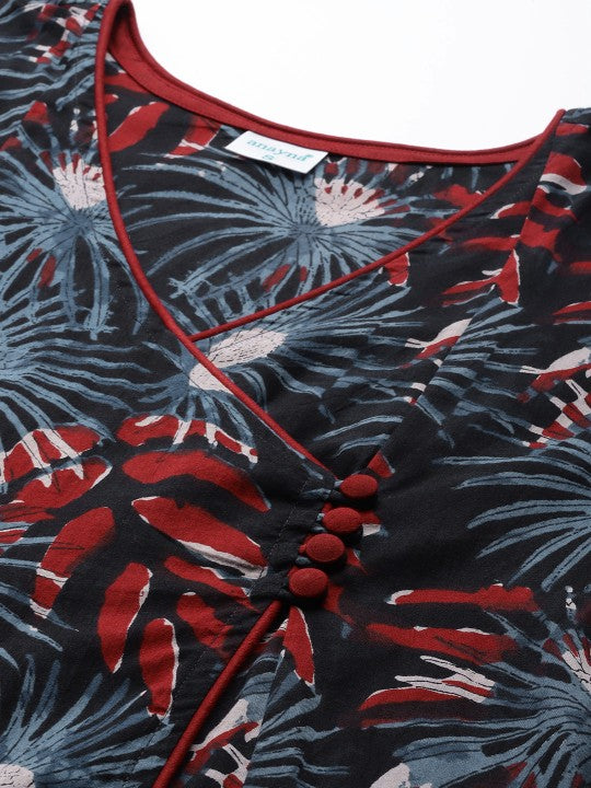 anayna Women Black & Red Pure Cotton Ethnic Motifs Printed Angrakha Kurta