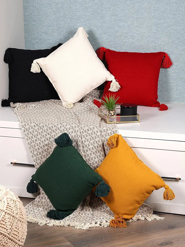 SASHAA WORLD 100% Cotton Cushion Covers with Tassels/Decorative Throw Pillow Set of 2 