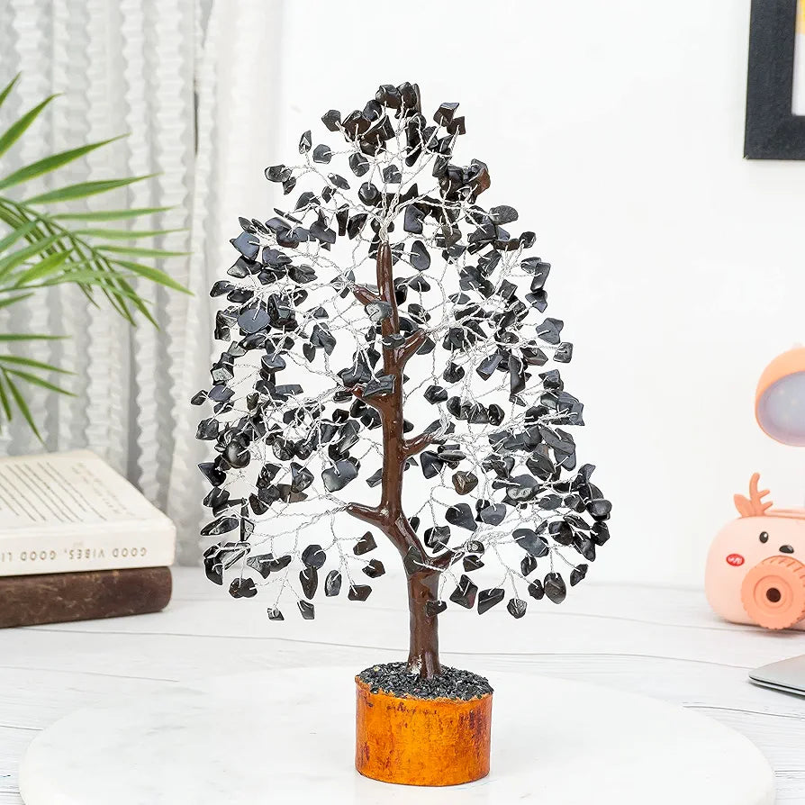 Hindcraft Black Tourmaline Crystal Tree Good Luck Showpiece for Home Decor Items Crystals Gemstones Bonsai Money Tree for Good Luck, Decoration Gift Item, Silver Wire, 10-12 inch