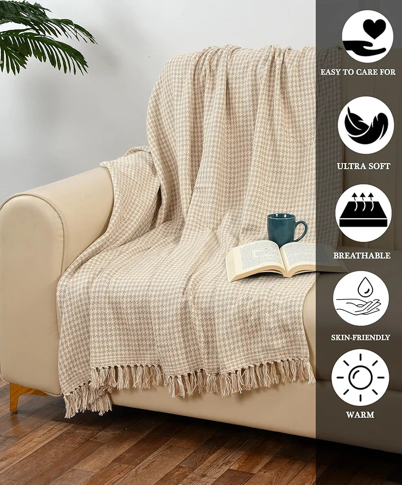 SASHAA WORLD Beige Extra Fine Plaid Sofa Throw | Soft & Cozy | Throw for Chair, Living Room, Bedroom, Sofa | Natural & Beige -130X160 Cm