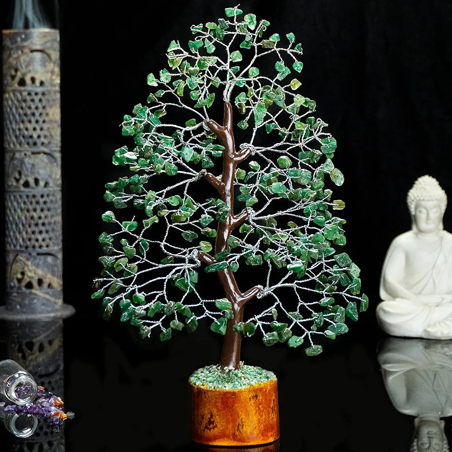 HindCraft Green Aventurine Crystal Tree Good Luck Showpiece for Home Decor Items Crystals Gemstones Bonsai Money Tree for Good Luck, Decoration Gift Item, Silver Wire, 10-12 inch