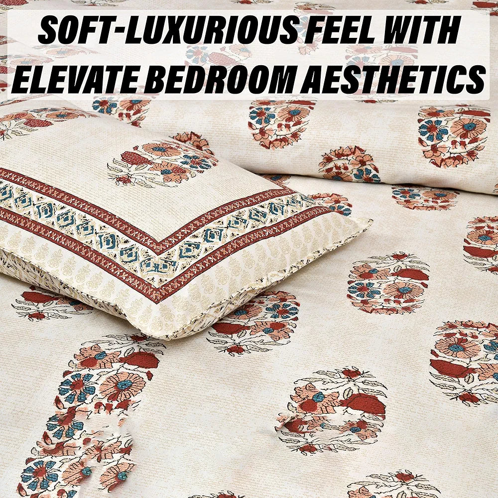 Kuber Industries Double Bedsheet with 2 Pillow Covers | 160 TC Premium Cotton Bedsheet for Double Bed | Bedsheet for Living Room-Home & Hotels | Dezier Flower Boota | 90x108 Inch | Cream