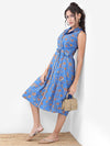 Vishudh Blue & Brown Colour Floral Printed & Belted Detailed Fit & Flare Midi Dress