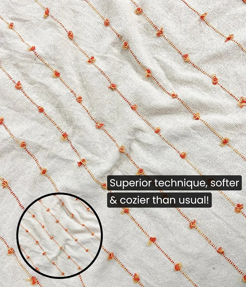 SAJAVAT HOME Hand-Knitted Pure Cotton 3 Seater Sofa Throw | 80x52 Inches/204x132 Cm | Beige & Royal Orange Throw for Sofa, Bed, Chair & Travel - Ideal for All Season | Pack of 1