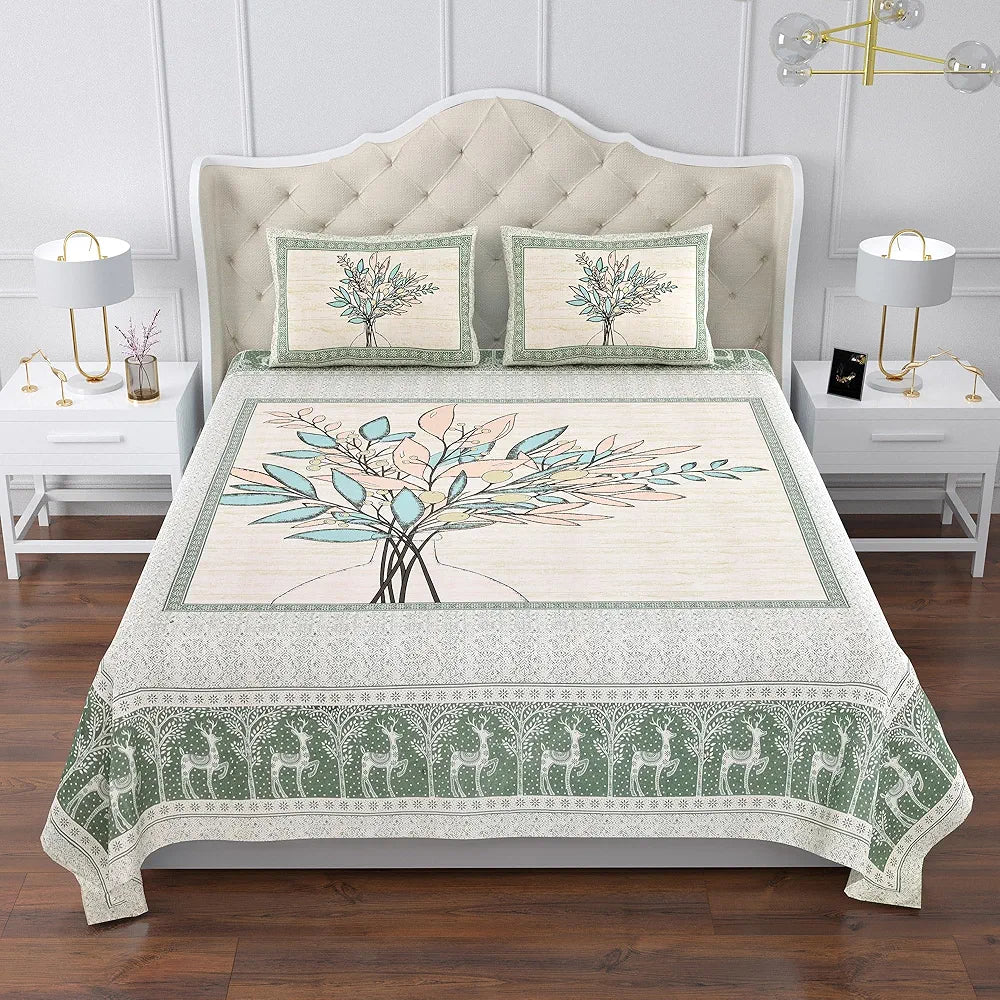 Kuber Industries Double Bedsheet with 2 Pillow Covers | 160 TC Premium Cotton Bedsheet for Double Bed | Bedsheet for Living Room-Home & Hotels | Photo Frame Tree | 100x108 Inch | Green