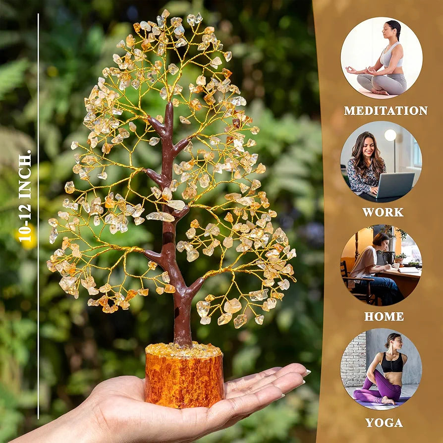 HindCraft Citrine Gemstone Crystal Tree Good Luck Showpiece for Home Decor Items Crystals Gemstones Bonsai Money Tree for Good Luck, Decoration Gift Item, Golden Wire, 10-12 inch
