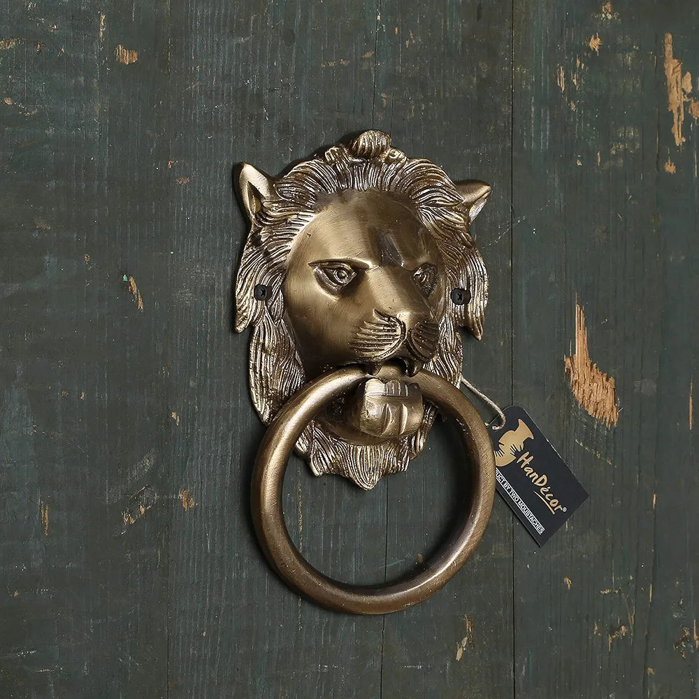 Two Moustaches Lion Mouth Brass Door Knocker, Door Knocker for Main Door, Door Knockers Antique, Brass Lion Knocker, Standard, Pack of 1, Knob
